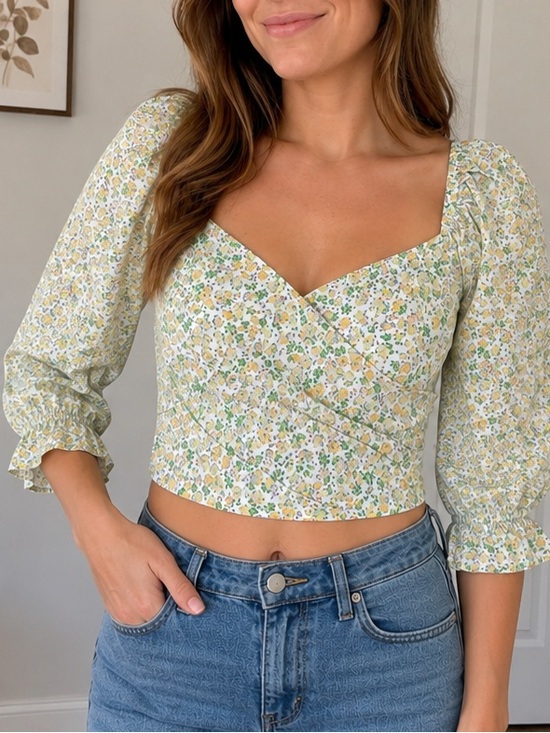 Lost + Wander Tops - Lost + Wander Floral Wrap Crop Top $88 Medium NWT Puff Sleeve Boho M
